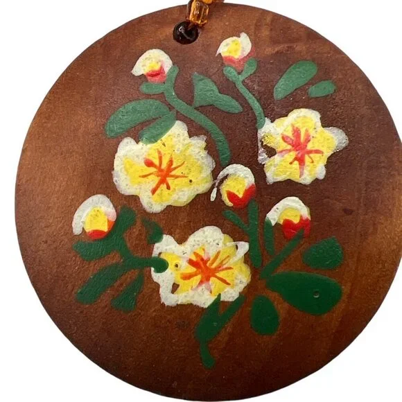 Vintage Hand-Painted Floral Pendant Necklace With Beaded Chain.  B44 - Picture 10 of 13